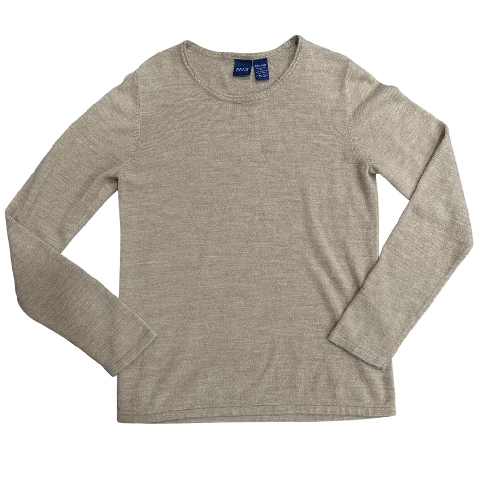 Basic Editions Womens Tan Heather Crew Neck Long Sleeve Knit Sweater Small